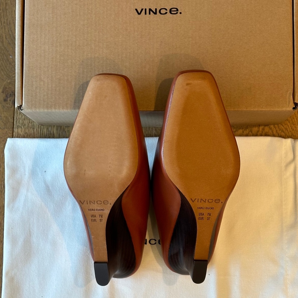 Vince Leather Benita Square Toe Slip On Clog Wedge Heel Pumps (Rust Amber) - Picture 12 of 16